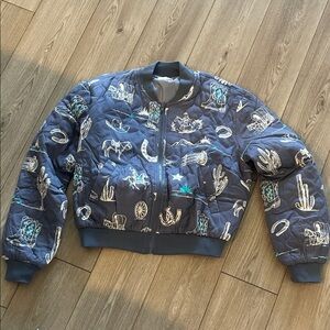 Blue Bomber Jacket with Western Print